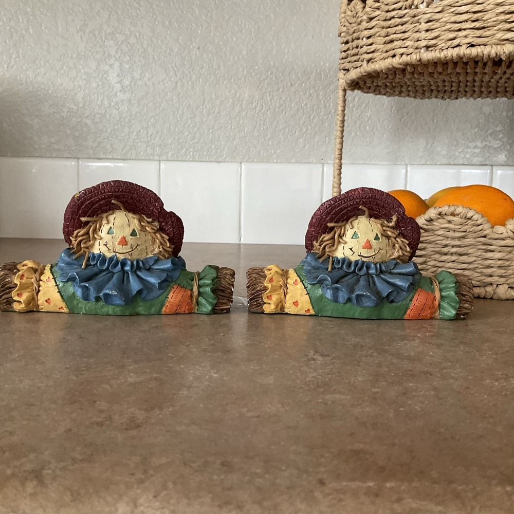 Vintage 3"‎ Fall Autumn Scarecrow  Candle Holder Figurine Set Sitting 2